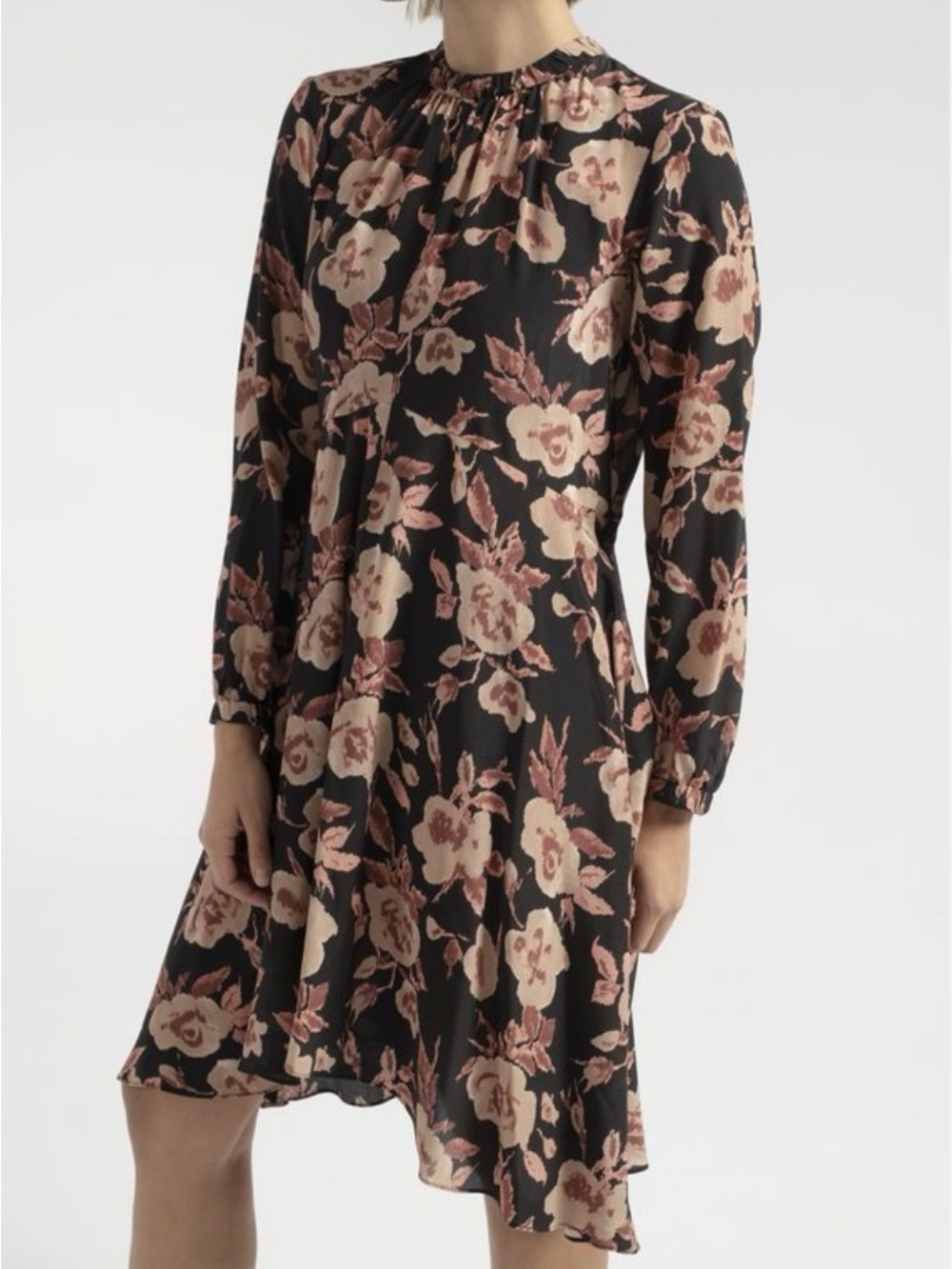 No. 6 Luna Black Floral Long-Sleeve Swing Dress with Pink Roses
